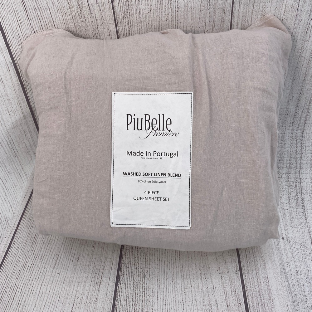 PiuBelle Premiere Queen Sheet Set Taupe Washed Linen Blend Made in Portugal